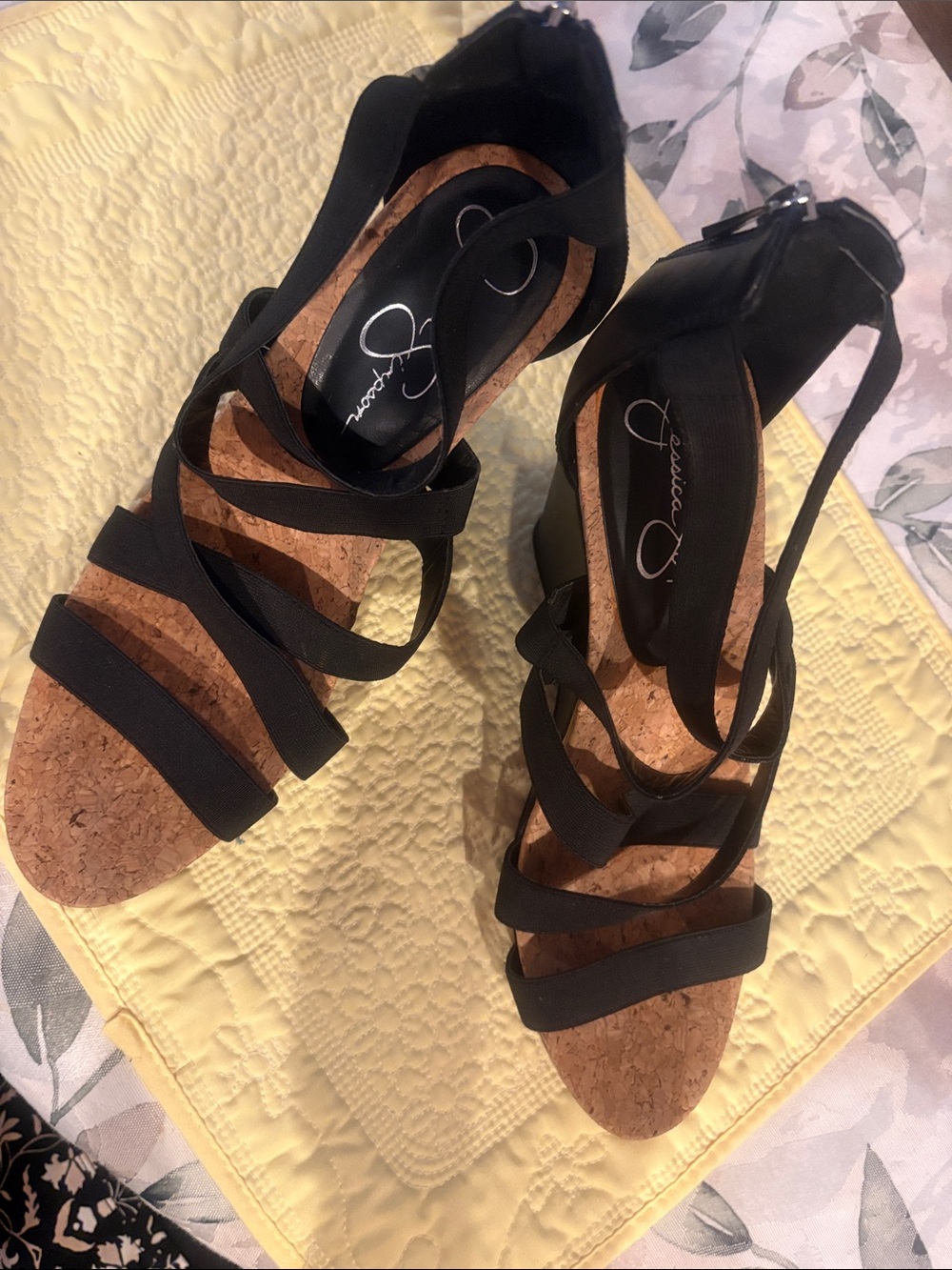 Jessica Simpson Black Strappy Cork Wedge Sandals